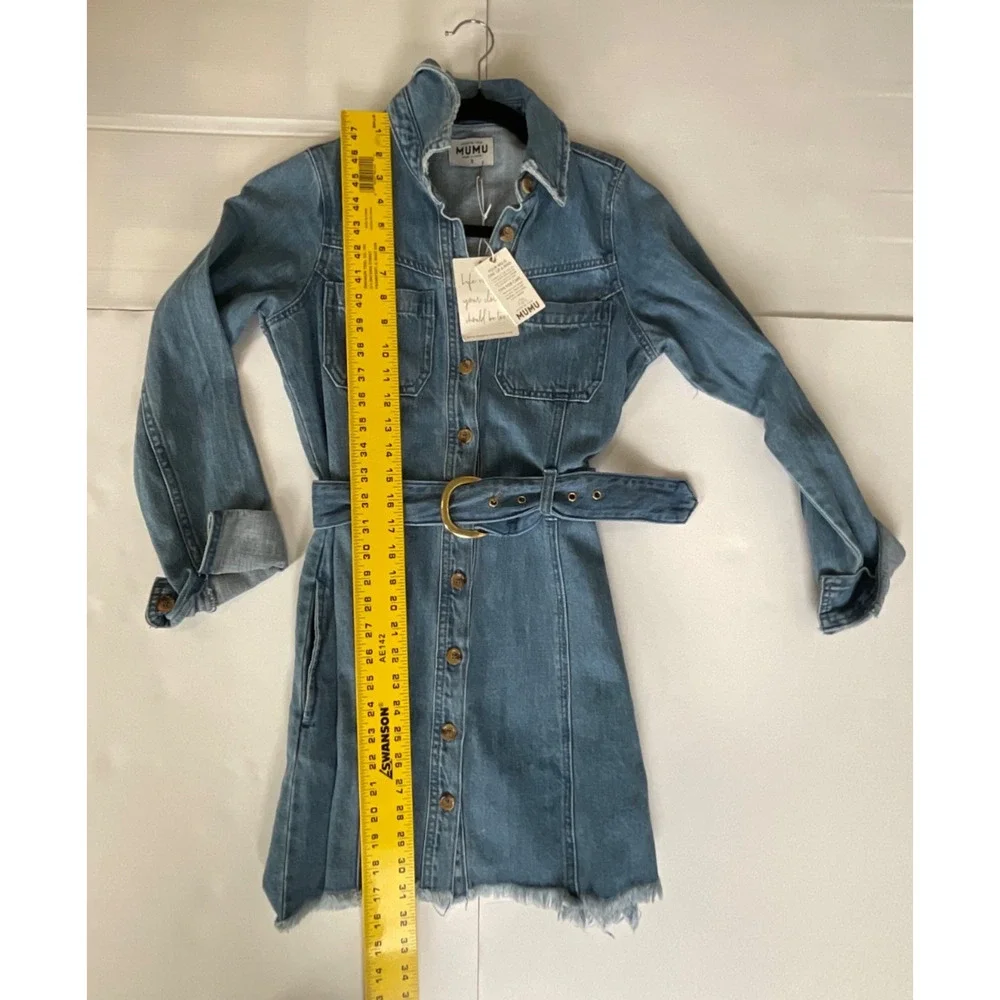 Show Me Your Mumu Denim Jean Dress Longsleeve Dress Belted Raw Hem SMALL NWT - Picture 6 of 7
